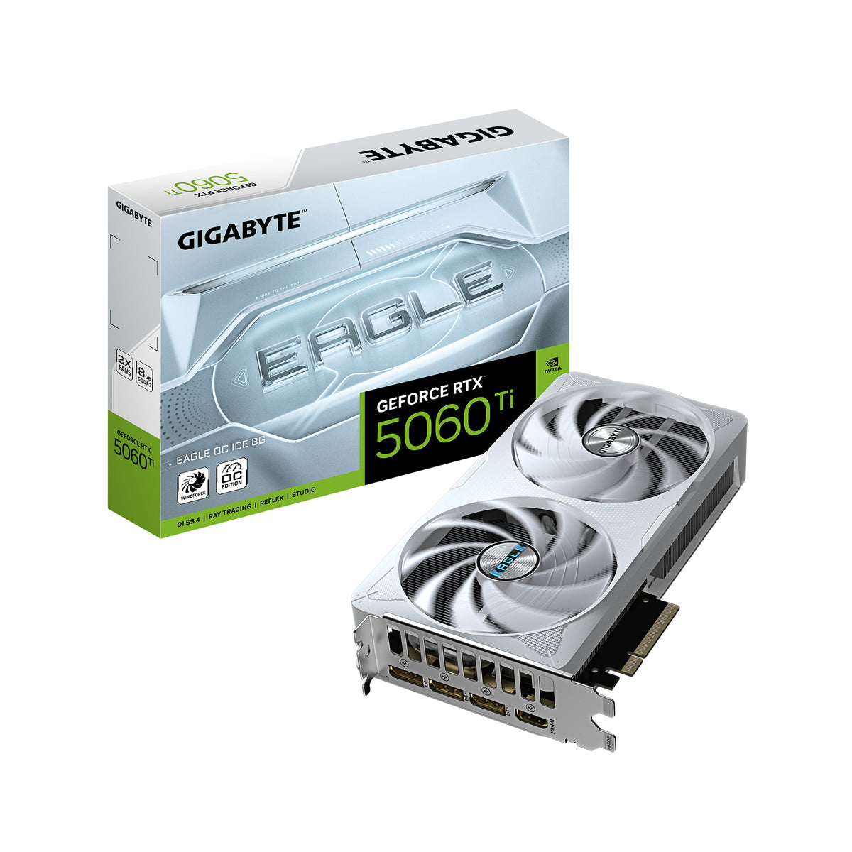 White Gigabyte Eagle GeForce RTX 5060 Ti graphics card with two fans