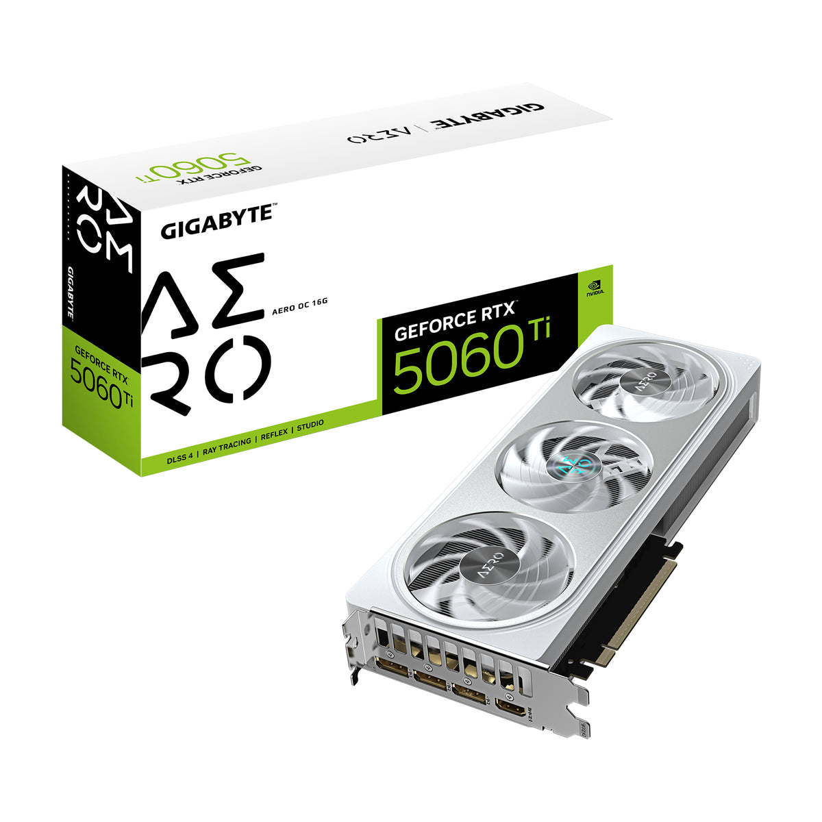 White Gigabyte Aero GeForce RTX 5060 Ti graphics card with three fans