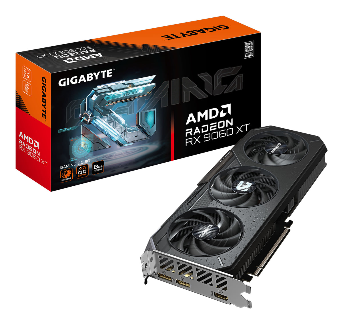 Gigabyte Radeon RX 9060 XT Gaming graphics card with three fans and retail box