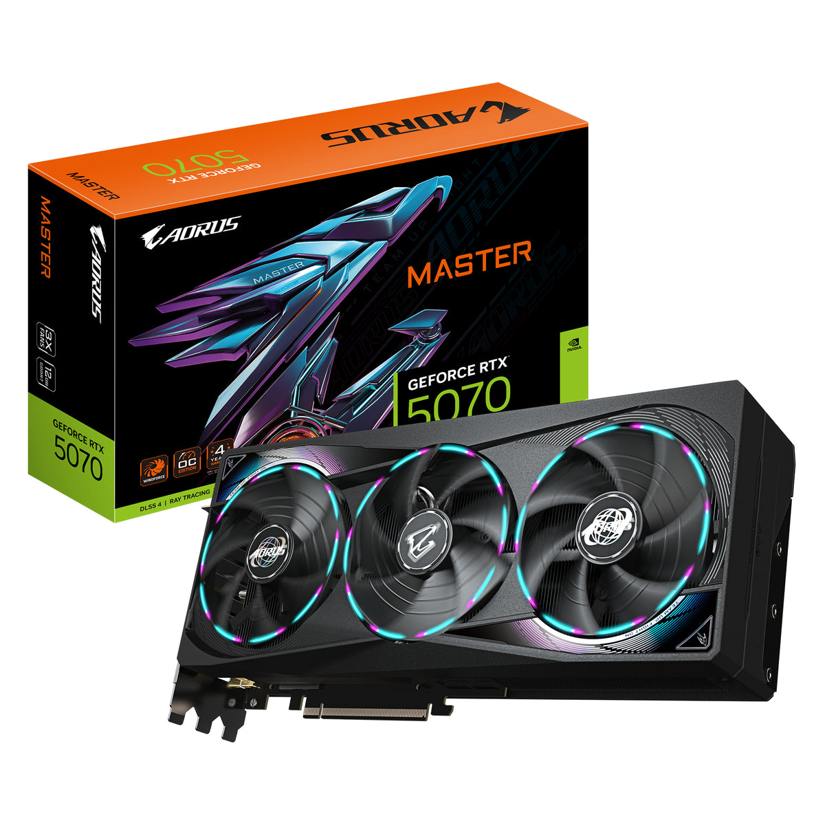 Gigabyte AORUS Master GeForce RTX 5070 graphics card with three illuminated fans