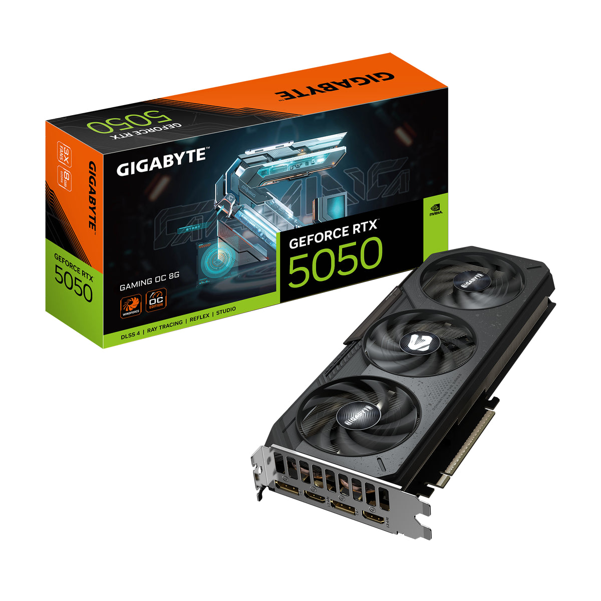 Gigabyte Gaming GeForce RTX 5050 graphics card with three fans