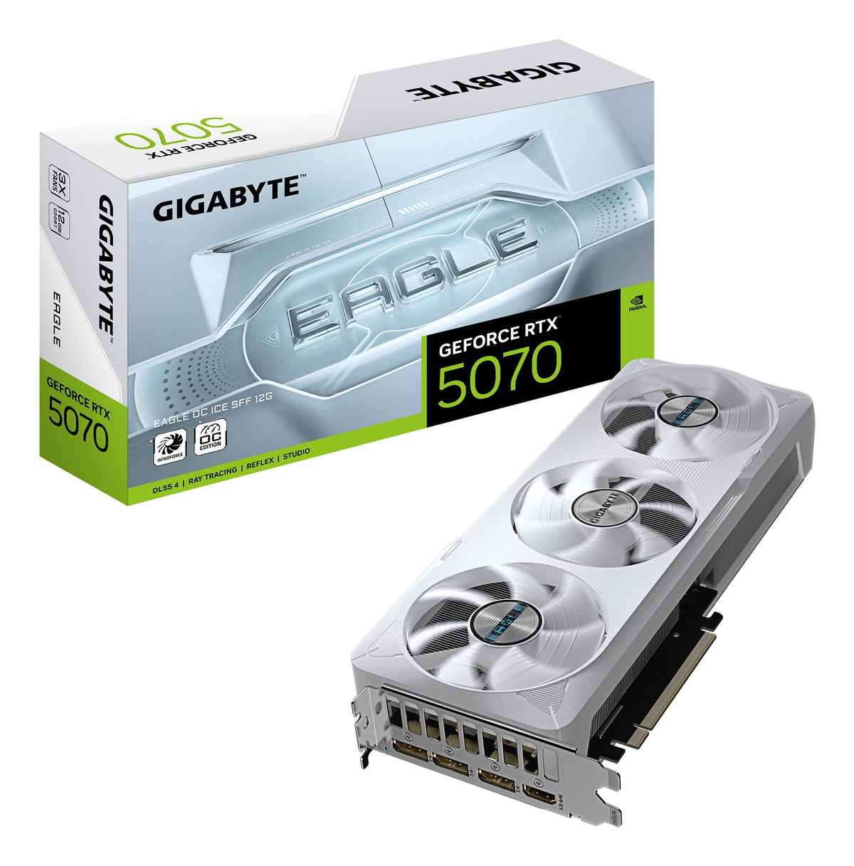 White Gigabyte Eagle GeForce RTX 5070 graphics card with three fans