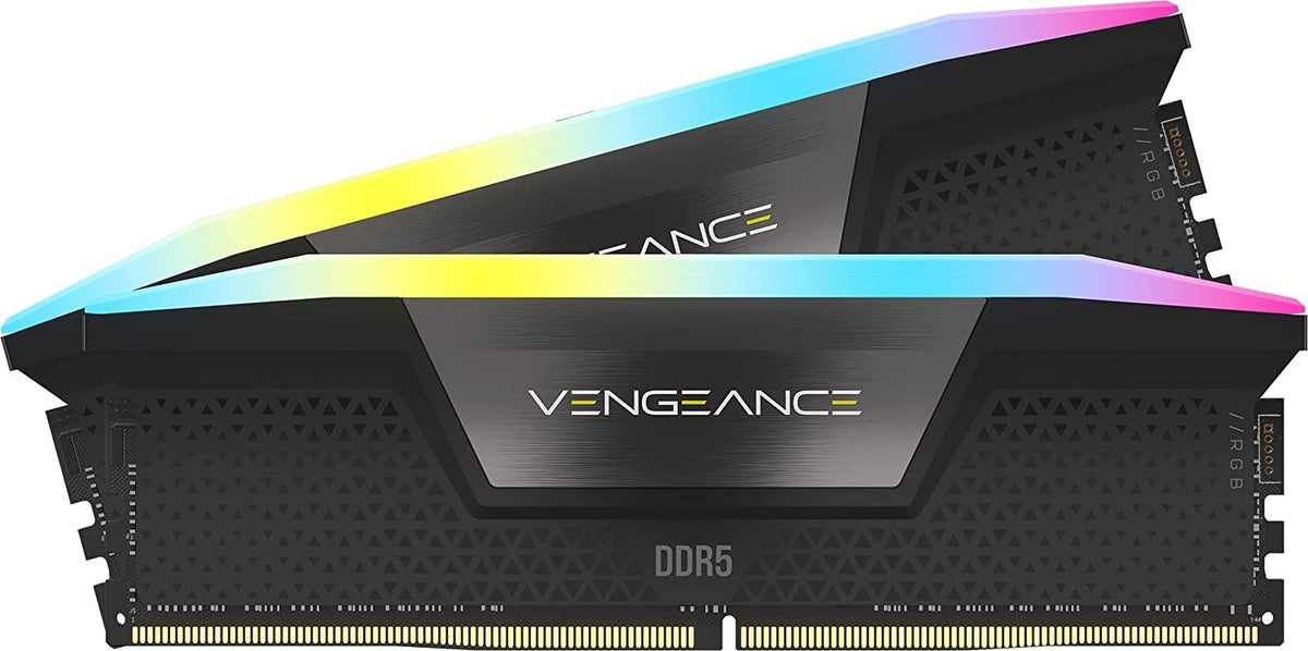 Two black Corsair Vengeance RGB DDR5 desktop memory modules