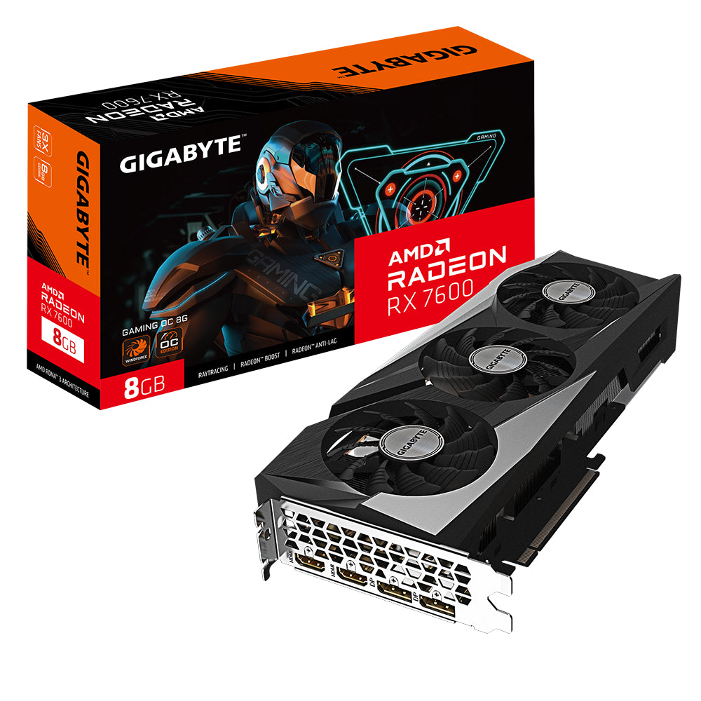 Gigabyte Radeon RX 7600 Gaming graphics card with three fans and retail box