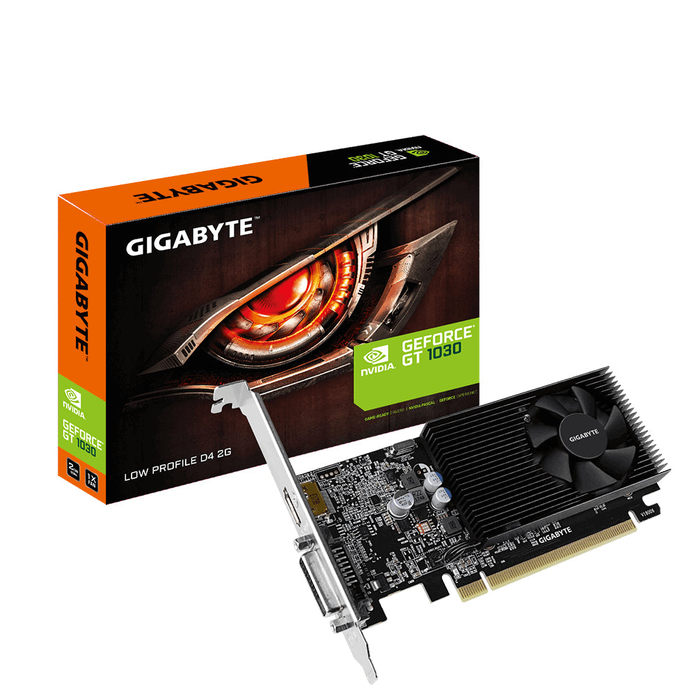 Gigabyte GeForce GT 1030 low profile graphics card and retail box