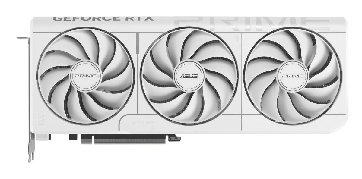 White ASUS Prime GeForce RTX graphics card with three fans