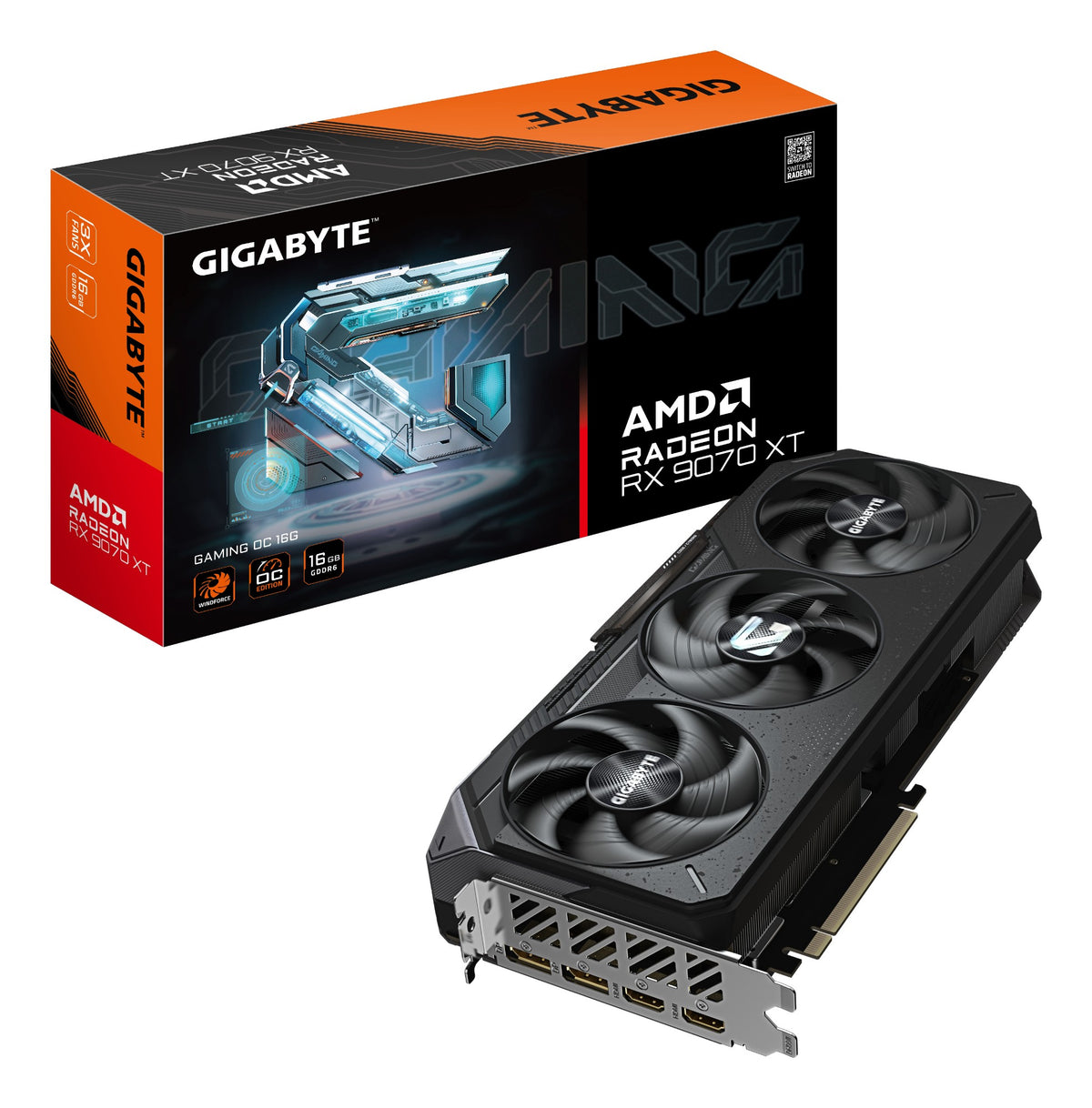 Gigabyte Radeon RX 9070 XT Gaming graphics card with three fans and retail box